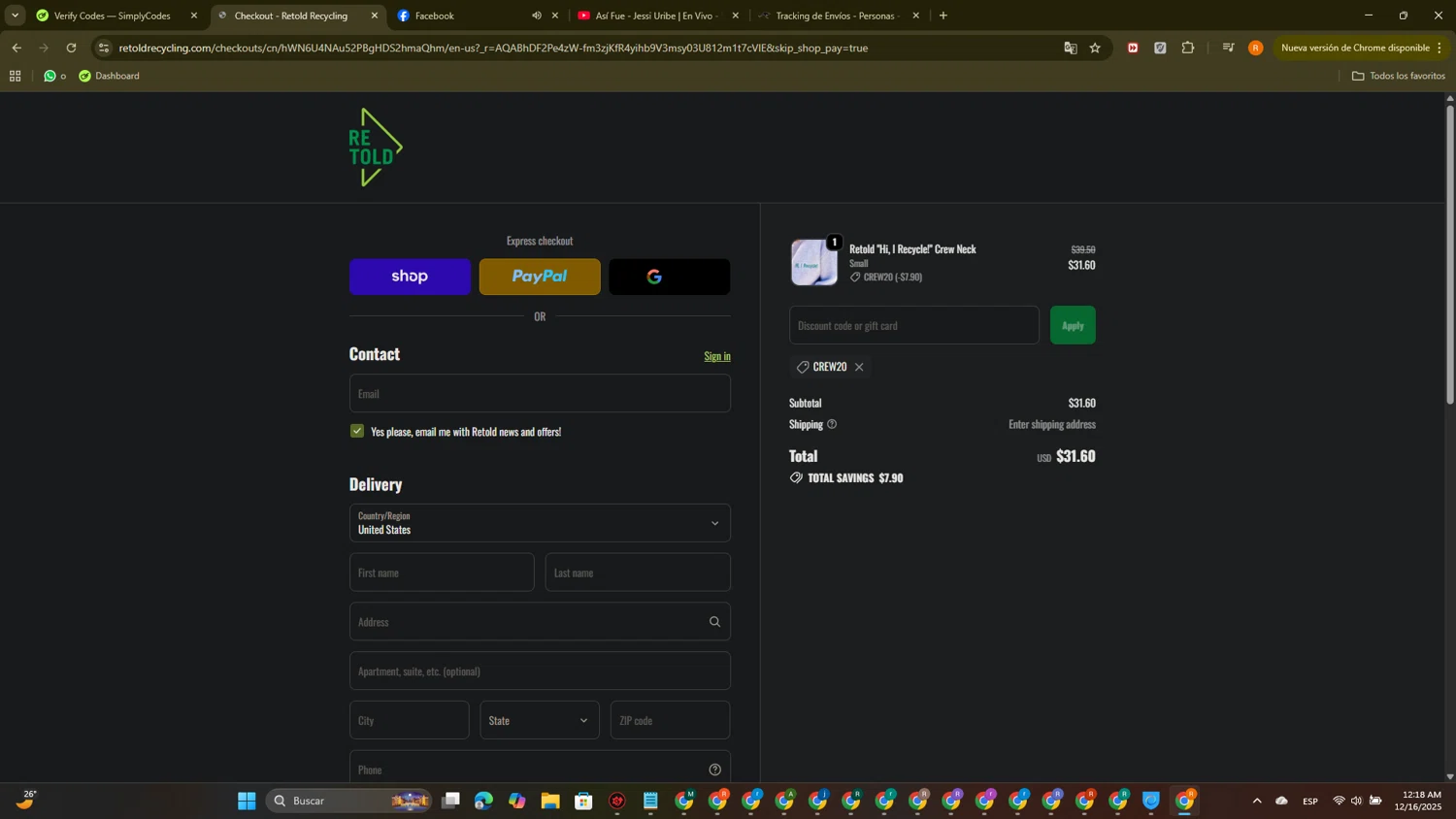 Retold recycling discount code screenshot showing code CREW20 applied at Retold recycling checkout page. Uploaded by SimplyCodes community member PromoTitan1625 on Dec 16, 2025