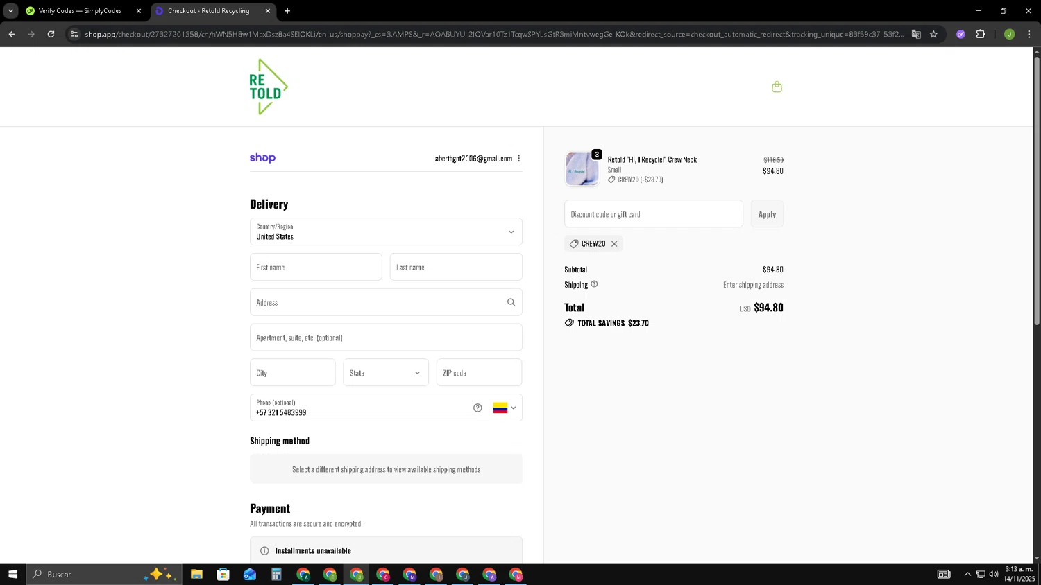 Retold recycling discount code screenshot showing code CREW20 applied at Retold recycling checkout page. Uploaded by SimplyCodes community member SAIKOO on Nov 14, 2025