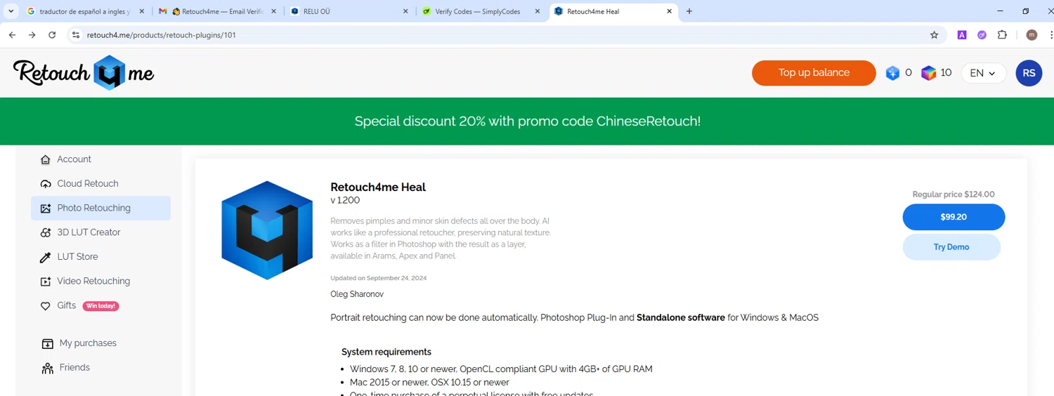 Retouch4me promo code screenshot showing code ChineseRetouch applied at Retouch4me checkout page. Uploaded by SimplyCodes community member MightyMaven4946 on Sep 19, 2025