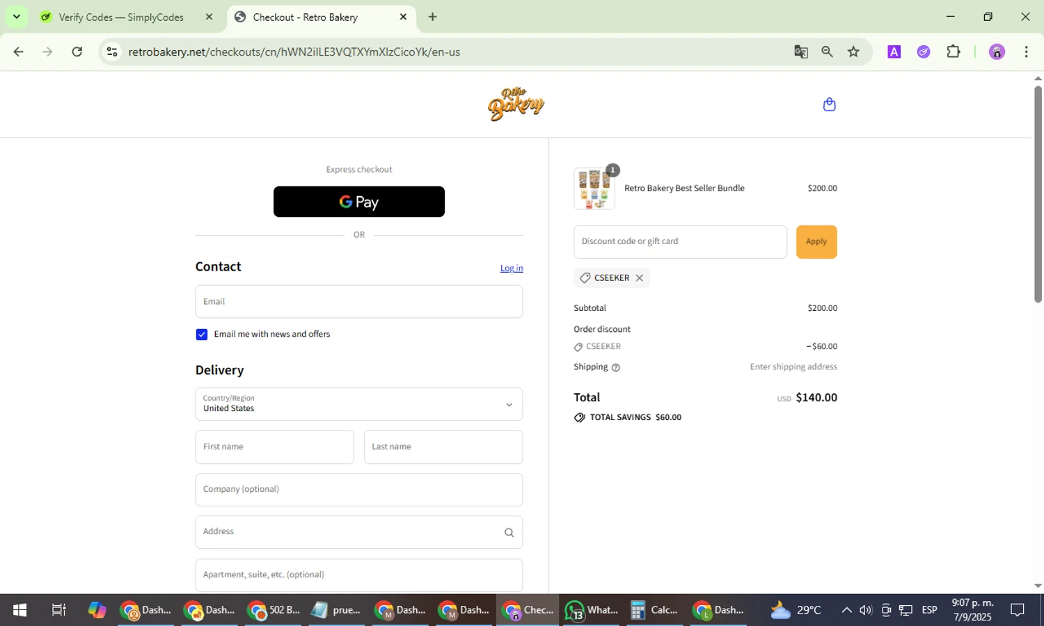 Retro Bakery promo code screenshot showing code CSEEKER applied at Retro Bakery checkout page. Uploaded by SimplyCodes community member PrimeWizard5860 on Sep 8, 2025