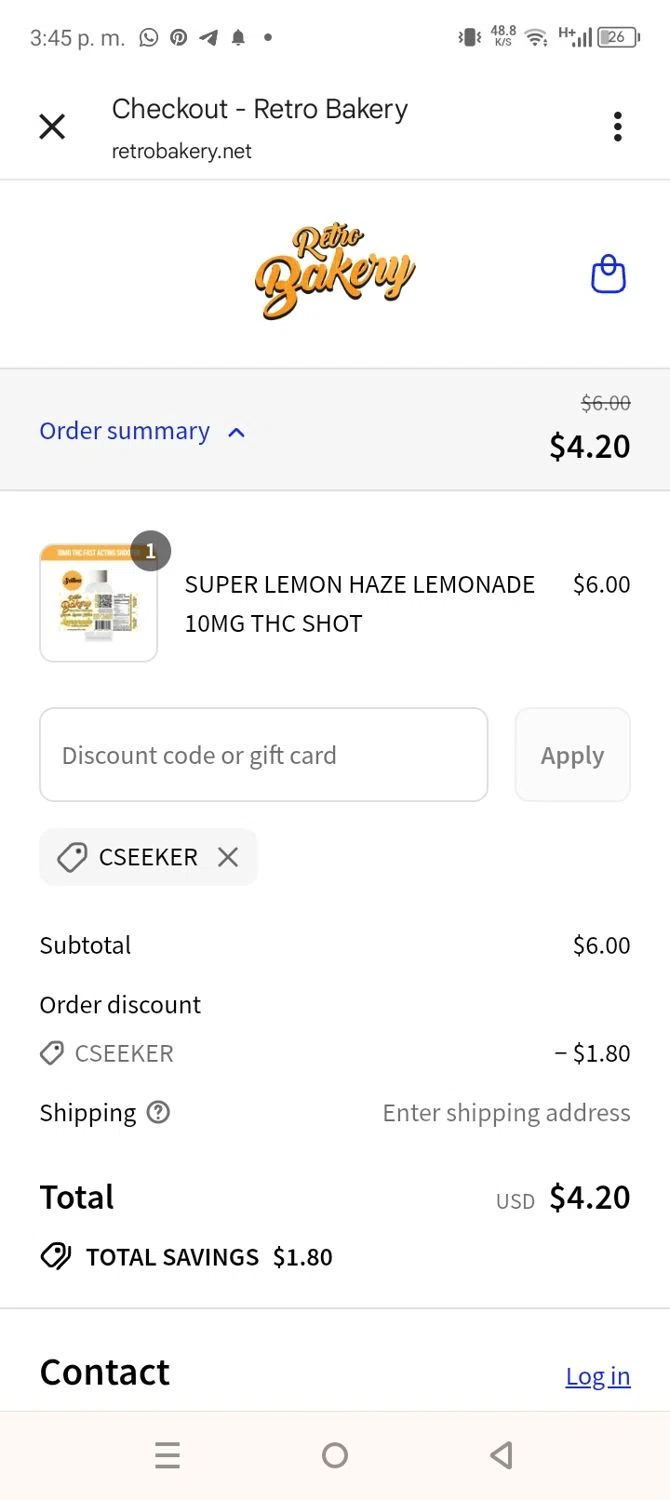 Retro Bakery promo code screenshot showing code CSEEKER applied at Retro Bakery checkout page. Uploaded by SimplyCodes community member coromotopalmar on Aug 4, 2025