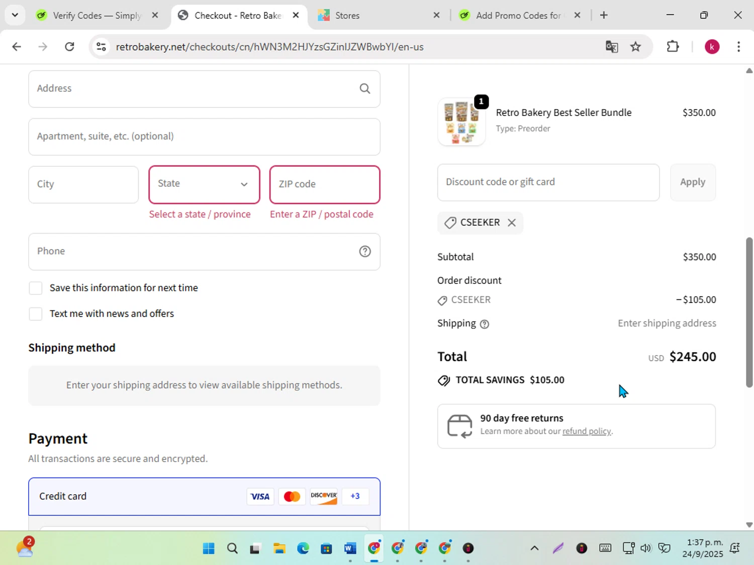 Retro Bakery promo code screenshot showing code CSEEKER applied at Retro Bakery checkout page. Uploaded by SimplyCodes community member karoline on Sep 24, 2025