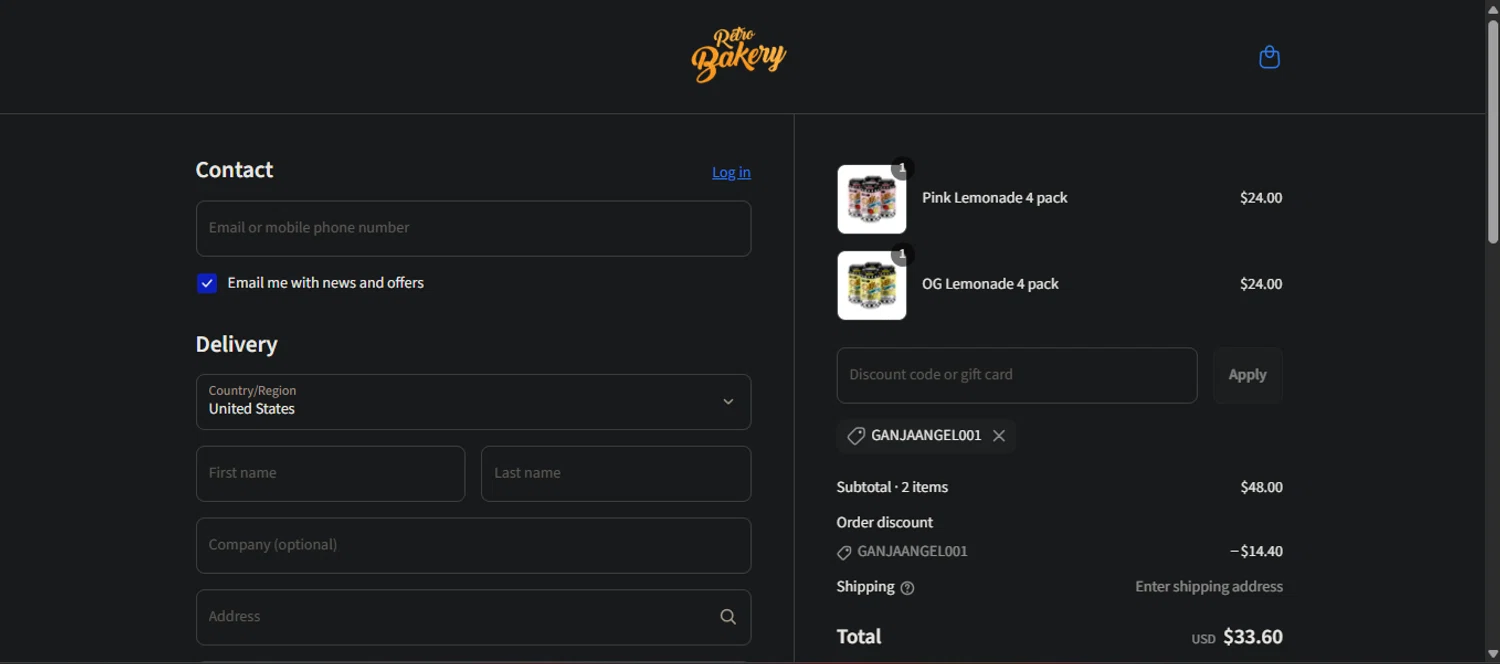 Retro Bakery promo code screenshot showing code GANJAANGEL001 applied at Retro Bakery checkout page. Uploaded by SimplyCodes community member Nicoletorres on Aug 4, 2025