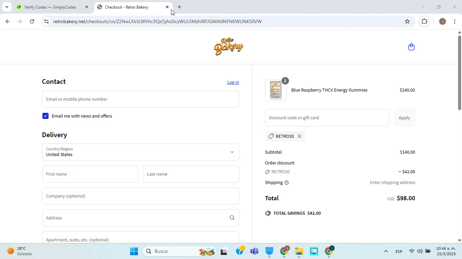 Retro Bakery promo code screenshot showing code RETRO30 applied at Retro Bakery checkout page. Uploaded by SimplyCodes community member ABHF23 on May 25, 2025