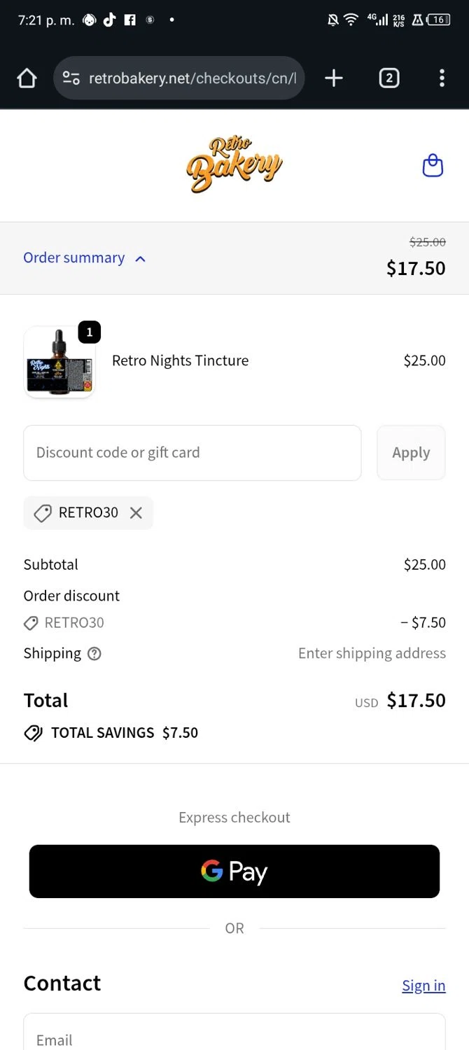 Retro Bakery promo code screenshot showing code RETRO30 applied at Retro Bakery checkout page. Uploaded by SimplyCodes community member JandryV on Dec 27, 2025