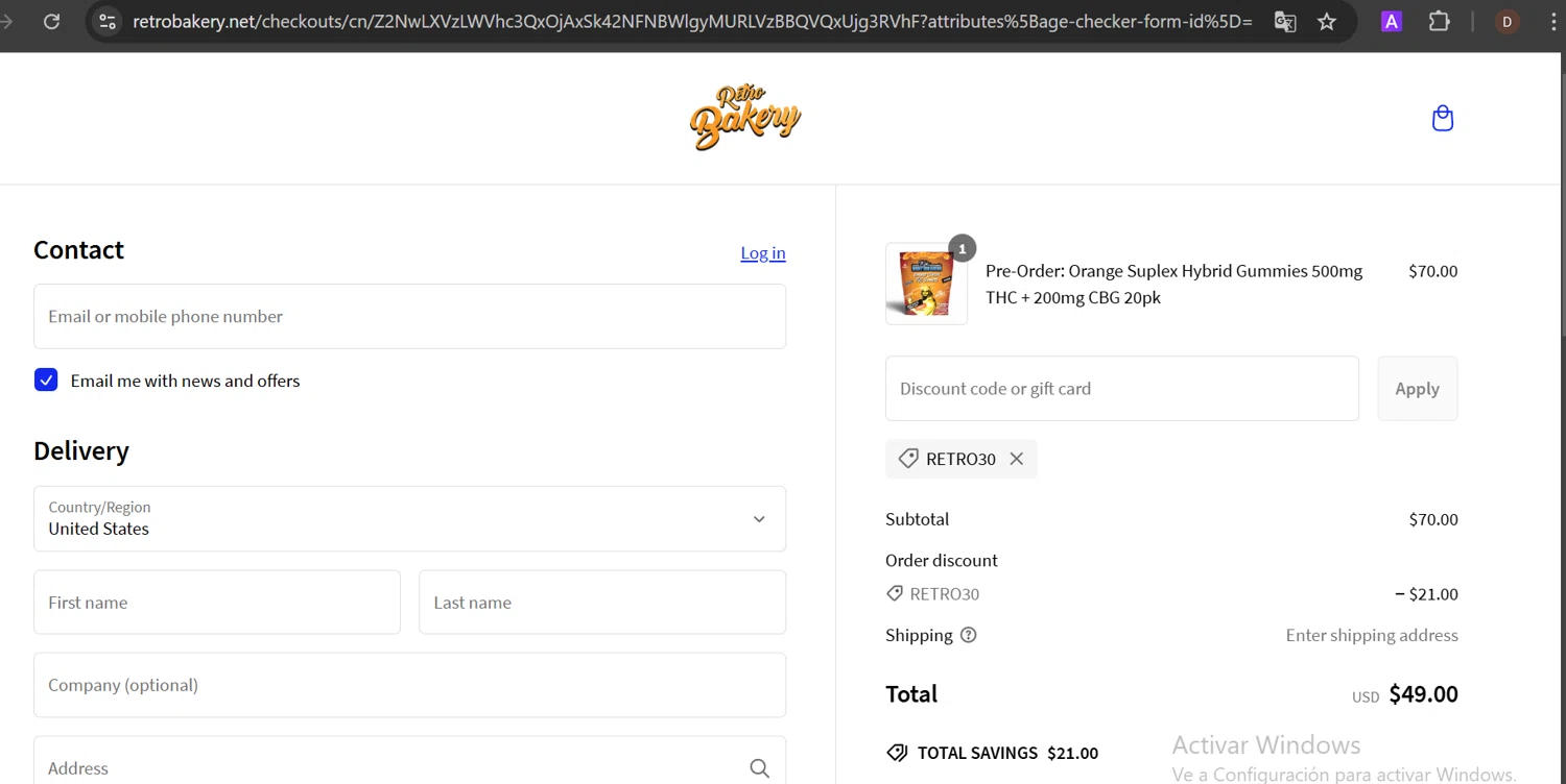 Retro Bakery promo code screenshot showing code RETRO30 applied at Retro Bakery checkout page. Uploaded by SimplyCodes community member PennyCaptain4684 on Feb 28, 2025