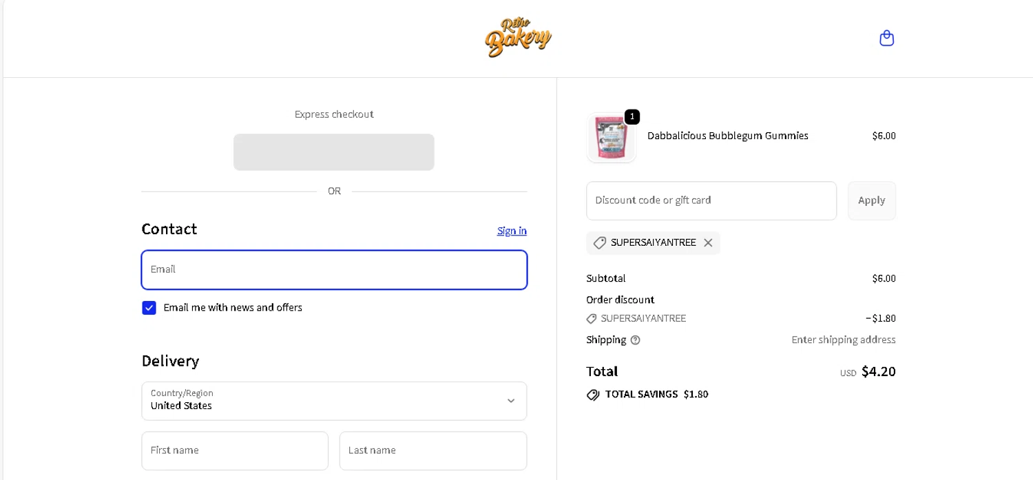 Retro Bakery promo code screenshot showing code SUPERSAIYANTREE applied at Retro Bakery checkout page. Uploaded by SimplyCodes community member shark12 on Dec 4, 2025