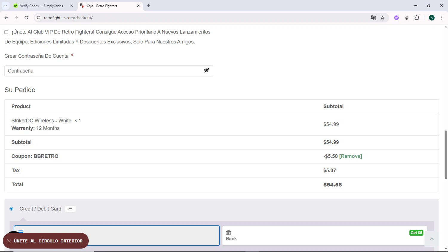 Retro Fighters coupon code screenshot showing code bbretro applied at Retro Fighters checkout page. Uploaded by SimplyCodes community member DiscountCurator2907 on Jul 16, 2025