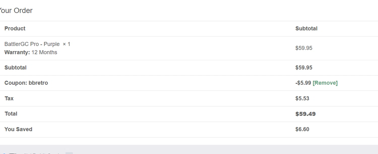 Retro Fighters coupon code screenshot showing code bbretro applied at Retro Fighters checkout page. Uploaded by SimplyCodes community member Eduard on Apr 28, 2025