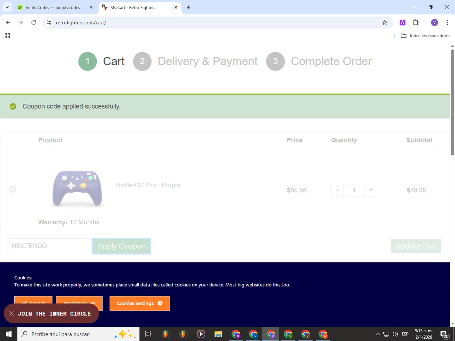 Retro Fighters coupon code screenshot showing code NEILTENDO applied at Retro Fighters checkout page. Uploaded by SimplyCodes community member Gianpiero on Jan 2, 2026
