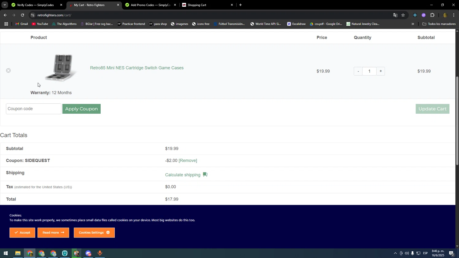 Retro Fighters coupon code screenshot showing code SIDEQUEST applied at Retro Fighters checkout page. Uploaded by SimplyCodes community member kakakakakka on Jun 17, 2025