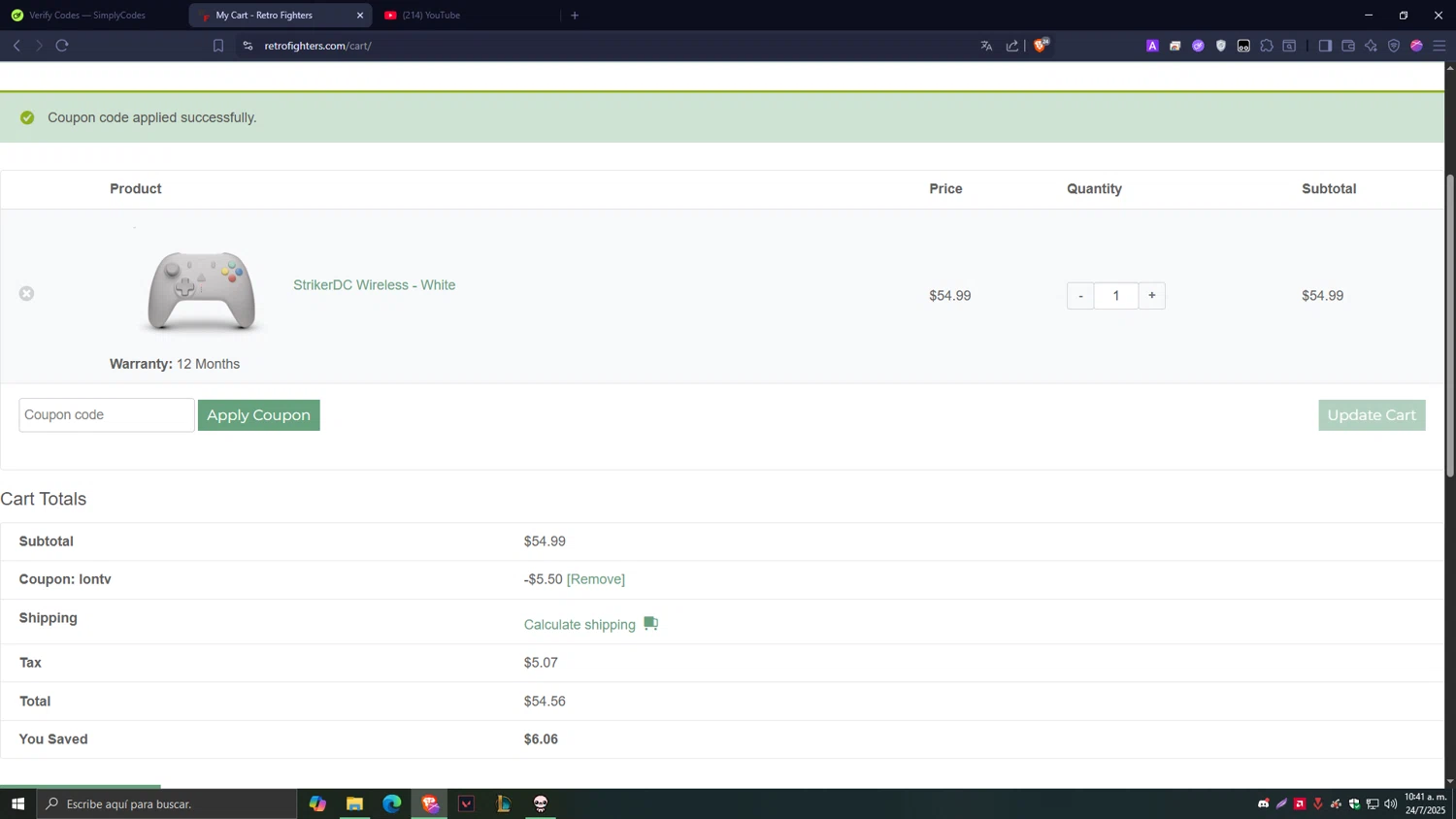 Retro Fighters coupon code screenshot showing code LONTV applied at Retro Fighters checkout page. Uploaded by SimplyCodes community member Tragedy on Jul 24, 2025