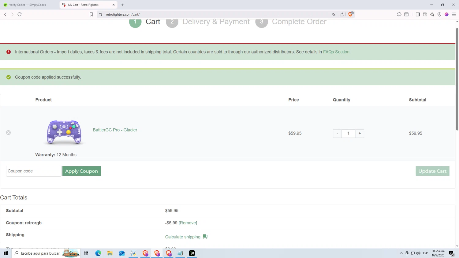 Retro Fighters coupon code screenshot showing code RetroRGB applied at Retro Fighters checkout page. Uploaded by SimplyCodes community member Nezukooo on Jul 16, 2025