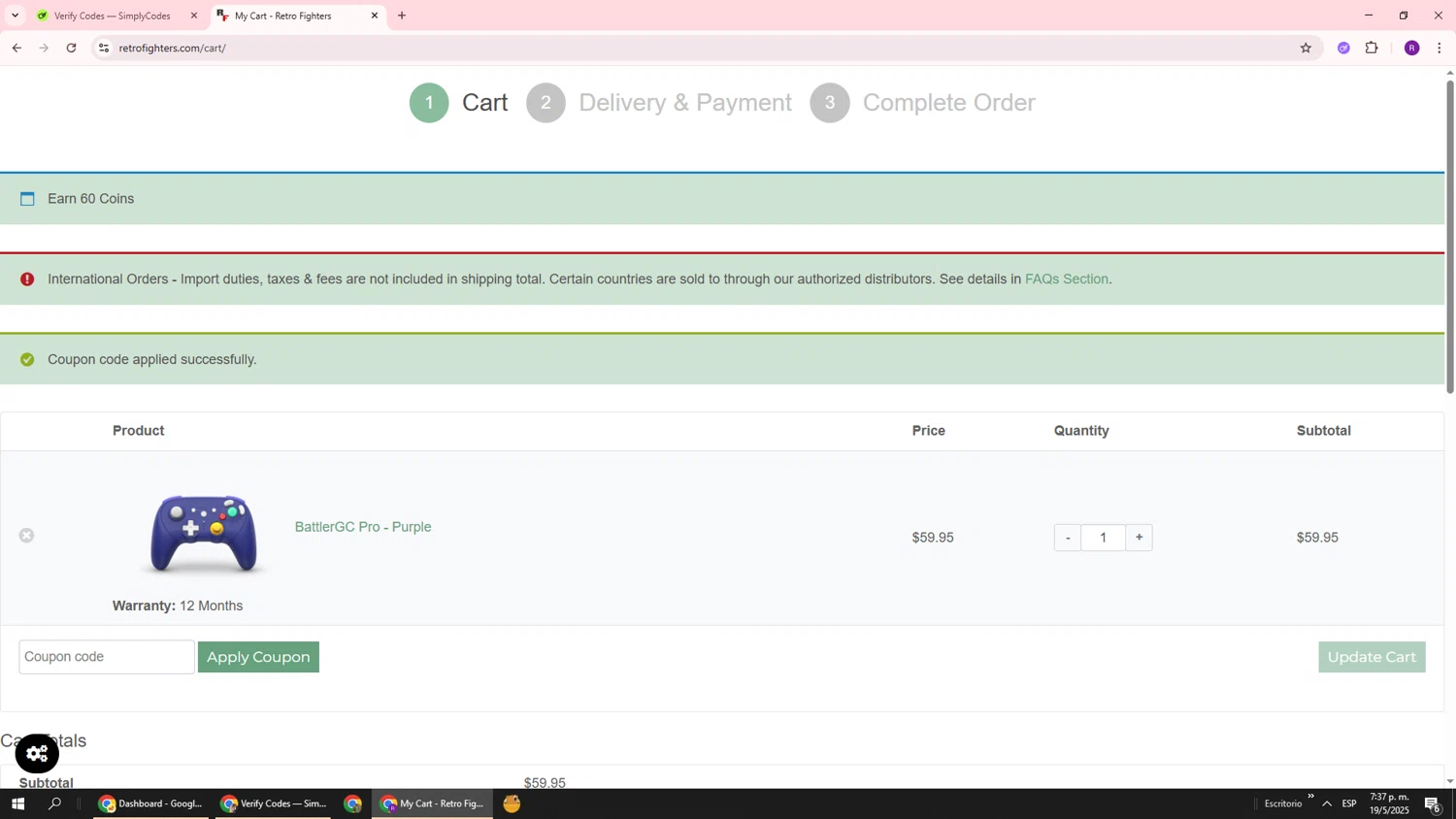 Retro Fighters coupon code screenshot showing code RetroRGB applied at Retro Fighters checkout page. Uploaded by SimplyCodes community member ukemochi on May 19, 2025