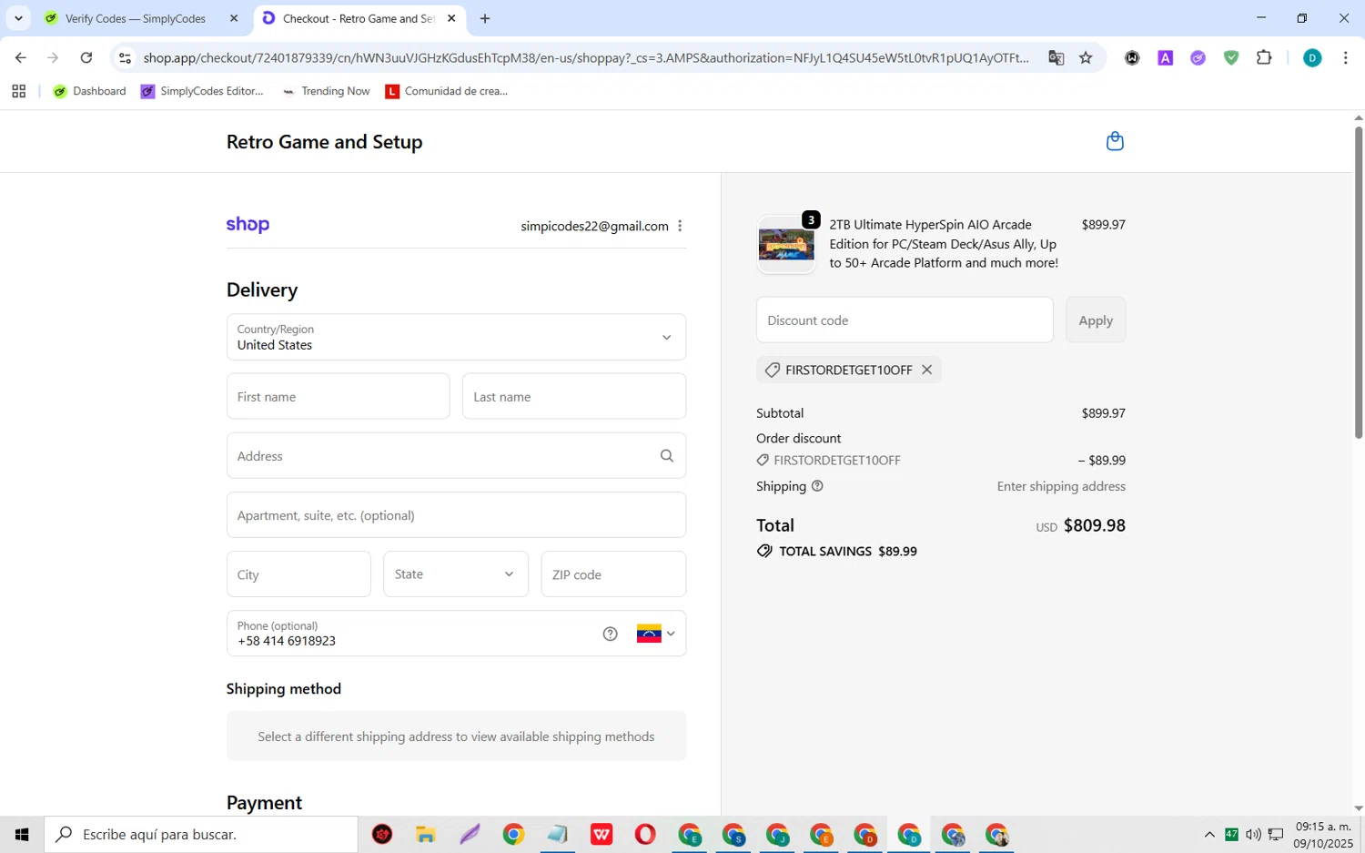 Retro Game and Setup promo code screenshot showing code FirstOrdetGet10off applied at Retro Game and Setup checkout page. Uploaded by SimplyCodes community member MagnificentCollector5368 on Oct 9, 2025