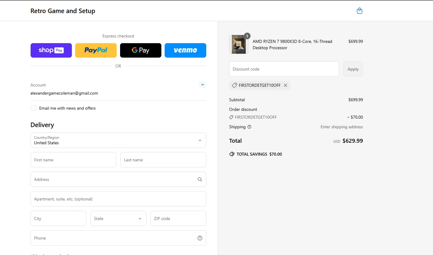 Retro Game and Setup promo code screenshot showing code FirstOrdetGet10off applied at Retro Game and Setup checkout page. Uploaded by SimplyCodes community member yolimararteaga1 on Mar 23, 2025