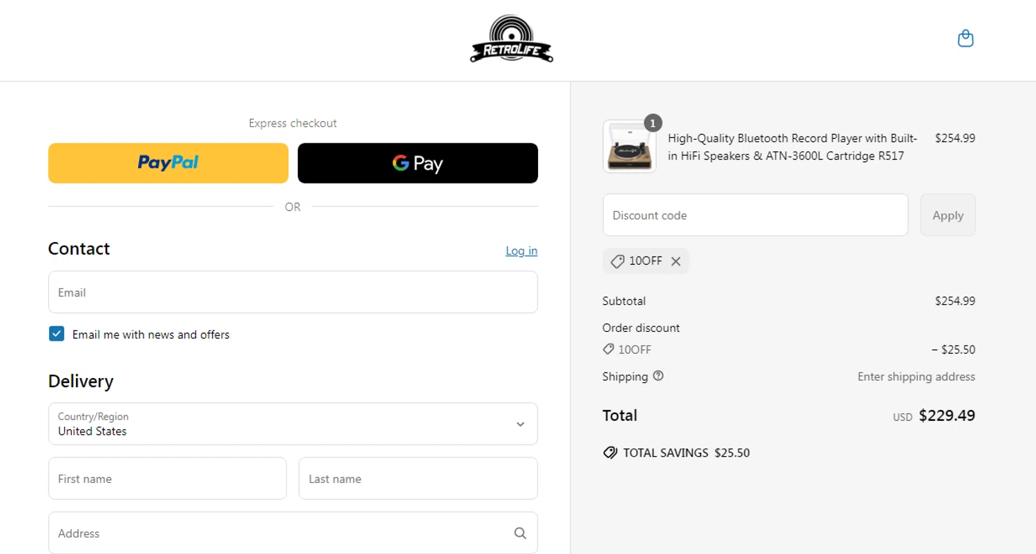 Retrolife coupon code screenshot showing code 10OFF applied at Retrolife checkout page. Uploaded by SimplyCodes community member Gonzalez010203 on May 19, 2025