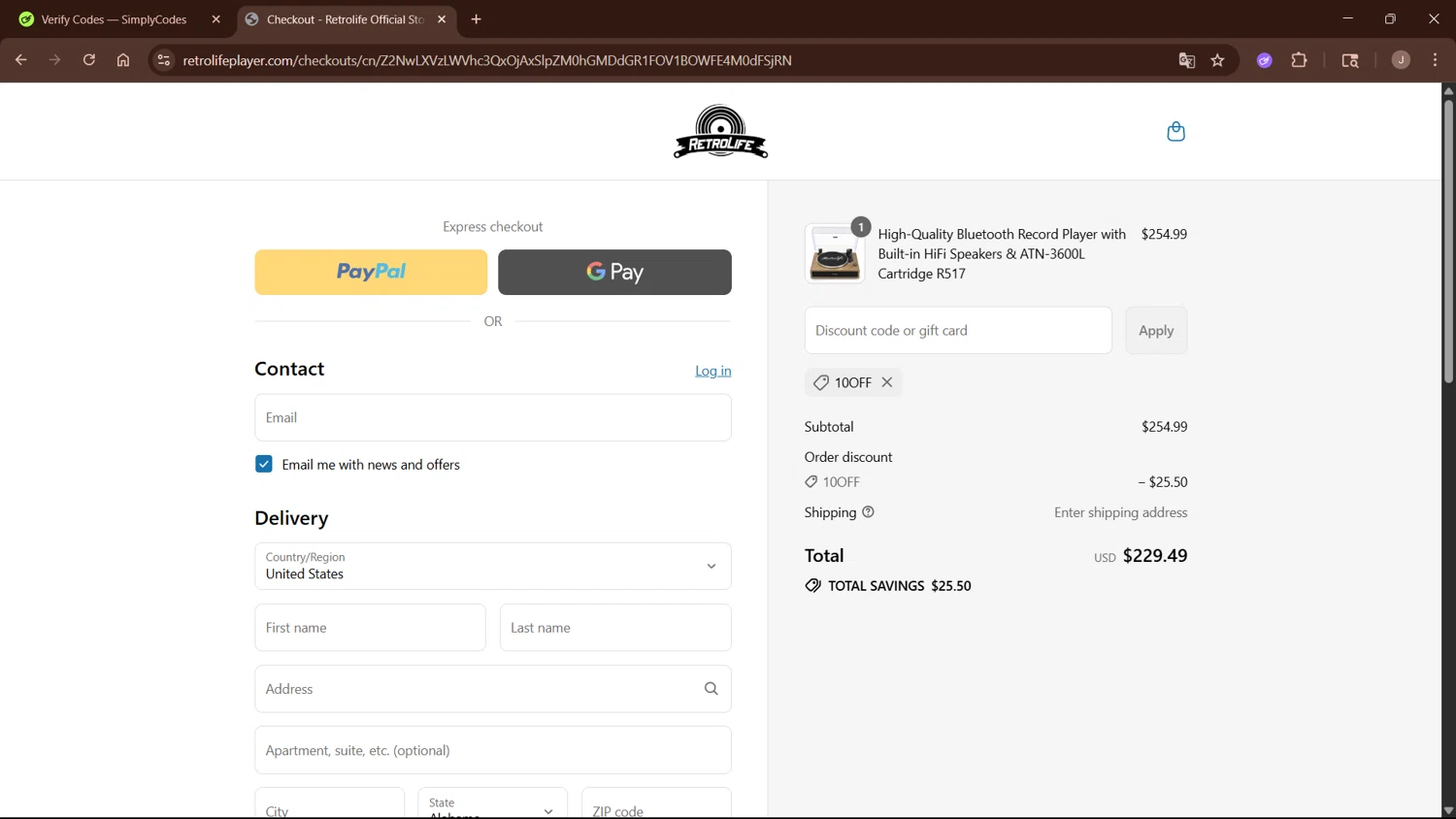 Retrolife coupon code screenshot showing code 10OFF applied at Retrolife checkout page. Uploaded by SimplyCodes community member WisePro3955 on Jul 12, 2025