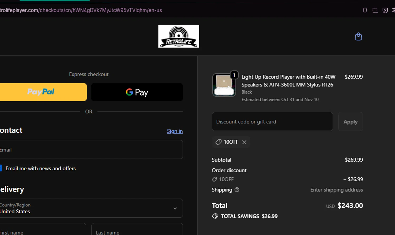 Retrolife coupon code screenshot showing code 10OFF applied at Retrolife checkout page. Uploaded by SimplyCodes community member chepipi on Oct 29, 2025