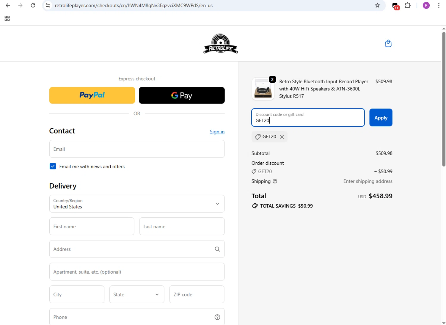 Retrolife coupon code screenshot showing code GET20 applied at Retrolife checkout page. Uploaded by SimplyCodes community member GloriousMaven6295 on Oct 21, 2025