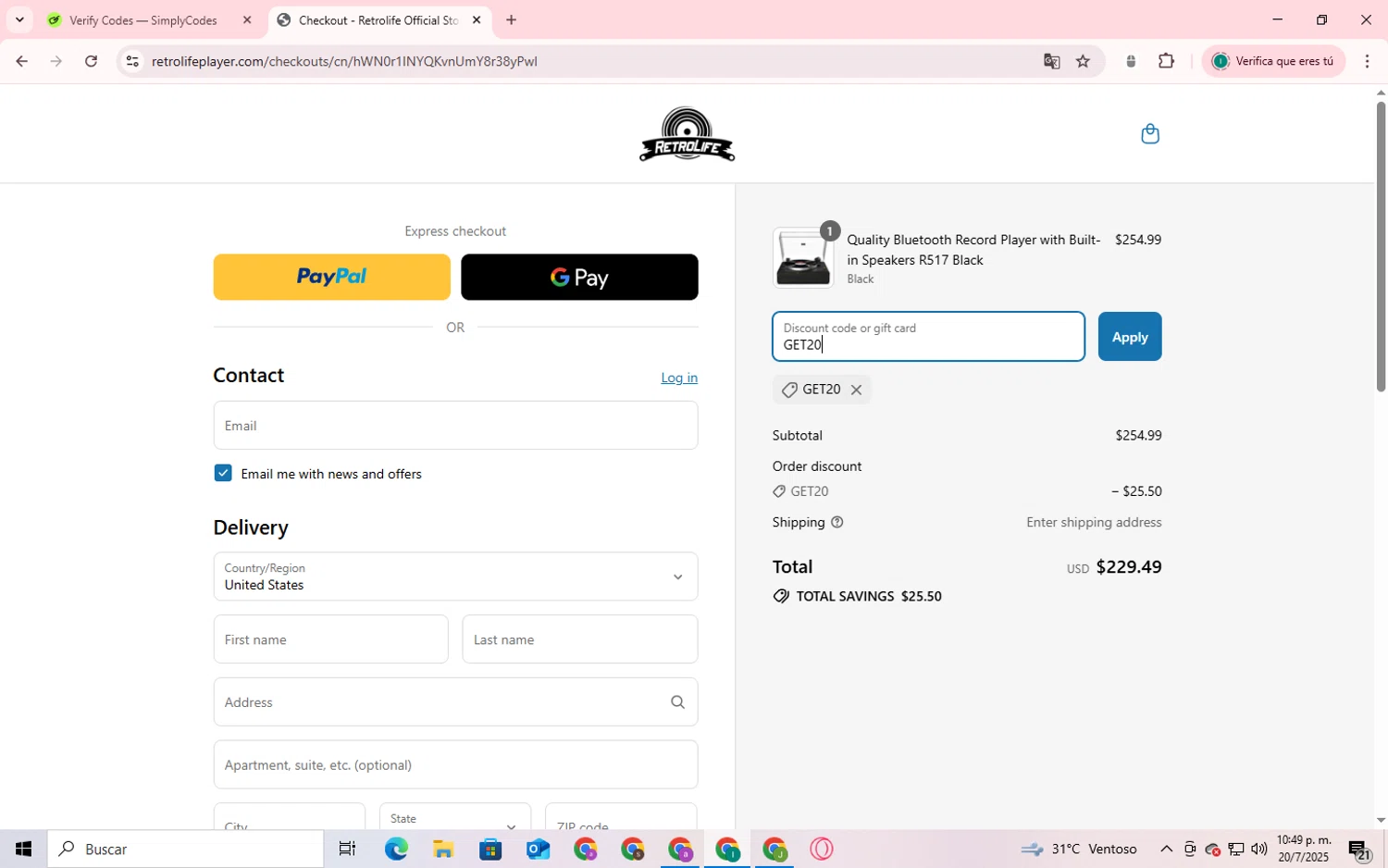Retrolife coupon code screenshot showing code GET20 applied at Retrolife checkout page. Uploaded by SimplyCodes community member SmartShopper4328 on Jul 20, 2025