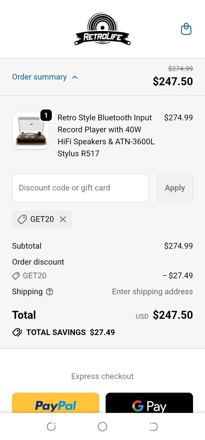 Retrolife coupon code screenshot showing code GET20 applied at Retrolife checkout page. Uploaded by SimplyCodes community member yajairagonzalez1 on Dec 26, 2025