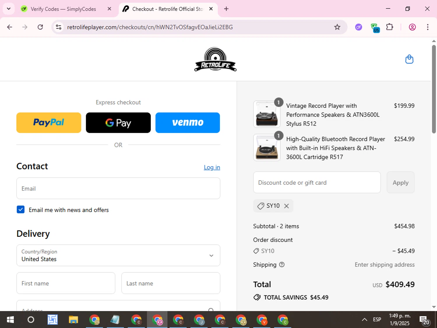 Retrolife coupon code screenshot showing code SY10 applied at Retrolife checkout page. Uploaded by SimplyCodes community member QuestCurator1644 on Sep 1, 2025