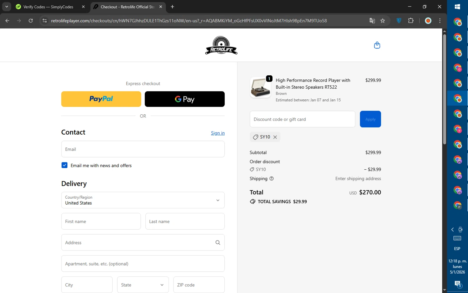 Retrolife coupon code screenshot showing code SY10 applied at Retrolife checkout page. Uploaded by SimplyCodes community member SalePhoenix823 on Jan 5, 2026