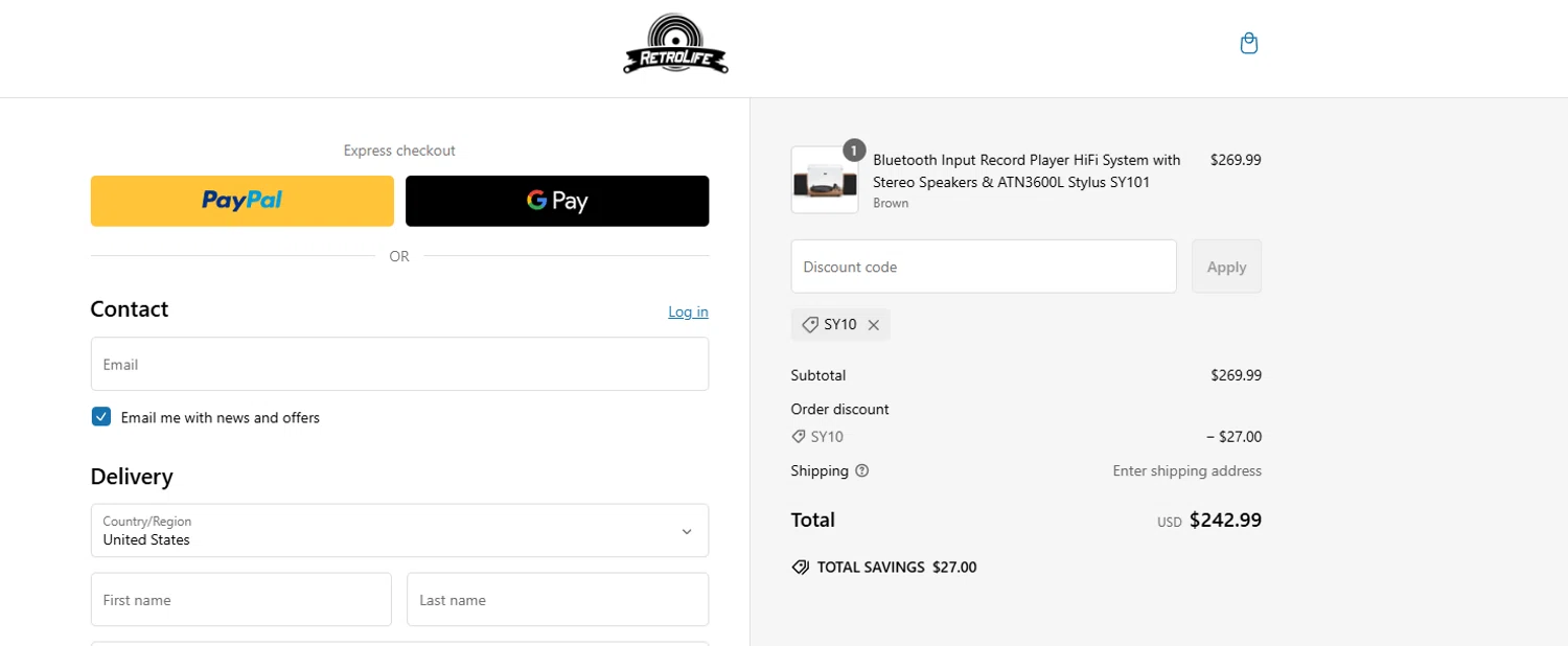 Retrolife coupon code screenshot showing code SY10 applied at Retrolife checkout page. Uploaded by SimplyCodes community member MoneyVoyager8068 on Mar 1, 2025