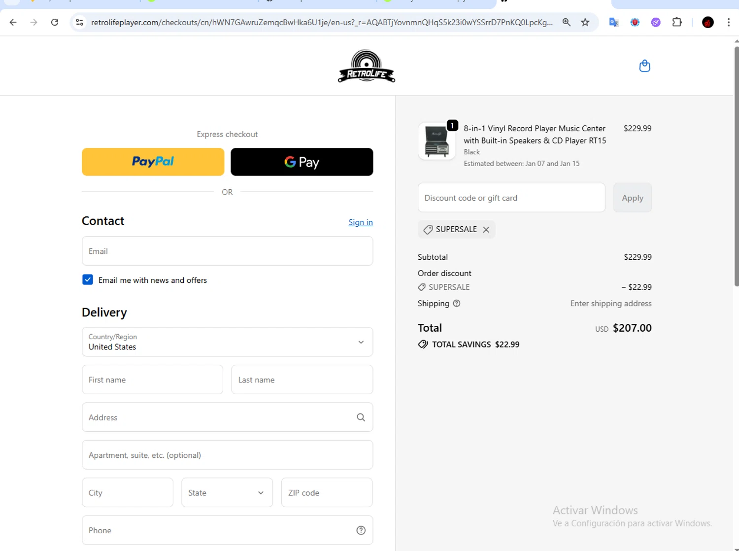 Retrolife checkout page showing Retrolife coupon code box | Screenshot taken by SimplyCodes community member on Jan 5, 2026
