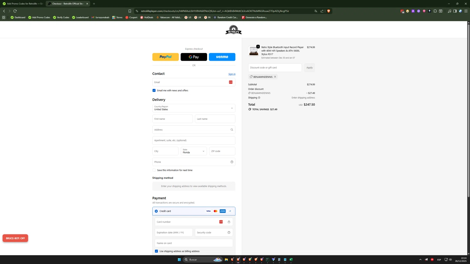 Retrolife coupon code screenshot showing code BENJAMINDENNIS applied at Retrolife checkout page. Uploaded by SimplyCodes community member ilarrazaM2 on Dec 27, 2025