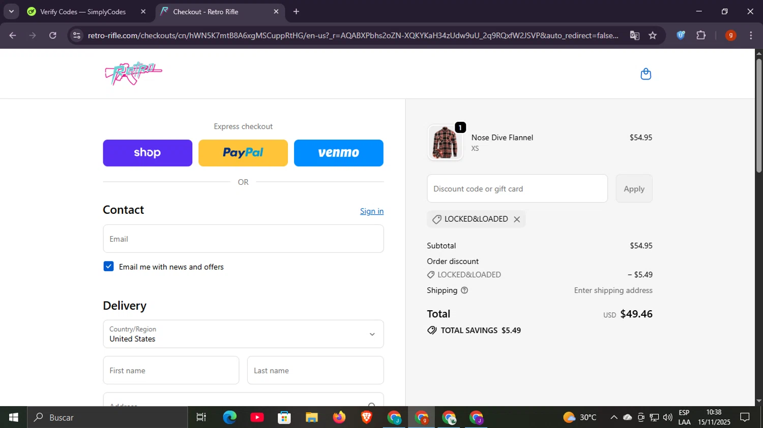 Retro Rifle discount code screenshot showing code LOCKED&LOADED applied at Retro Rifle checkout page. Uploaded by SimplyCodes community member Scottcawthon on Nov 15, 2025