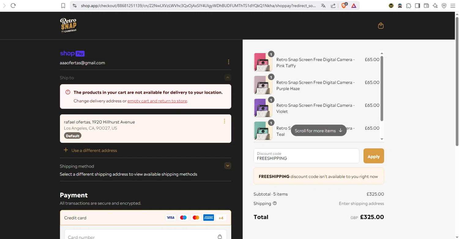 Retro Snap Cameras promo code screenshot showing code FREESHIPPING applied at Retro Snap Cameras checkout page. Uploaded by SimplyCodes community member dayselis15 on May 15, 2025