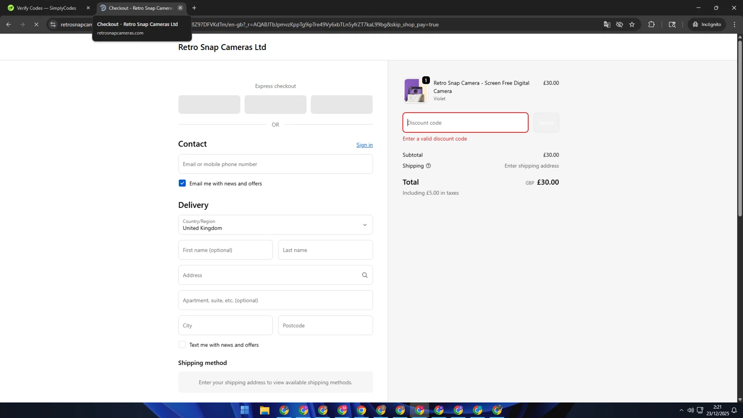 Retro Snap Cameras promo code screenshot showing code ELLIOTT78656 applied at Retro Snap Cameras checkout page. Uploaded by SimplyCodes community member TOROREX250 on Dec 23, 2025