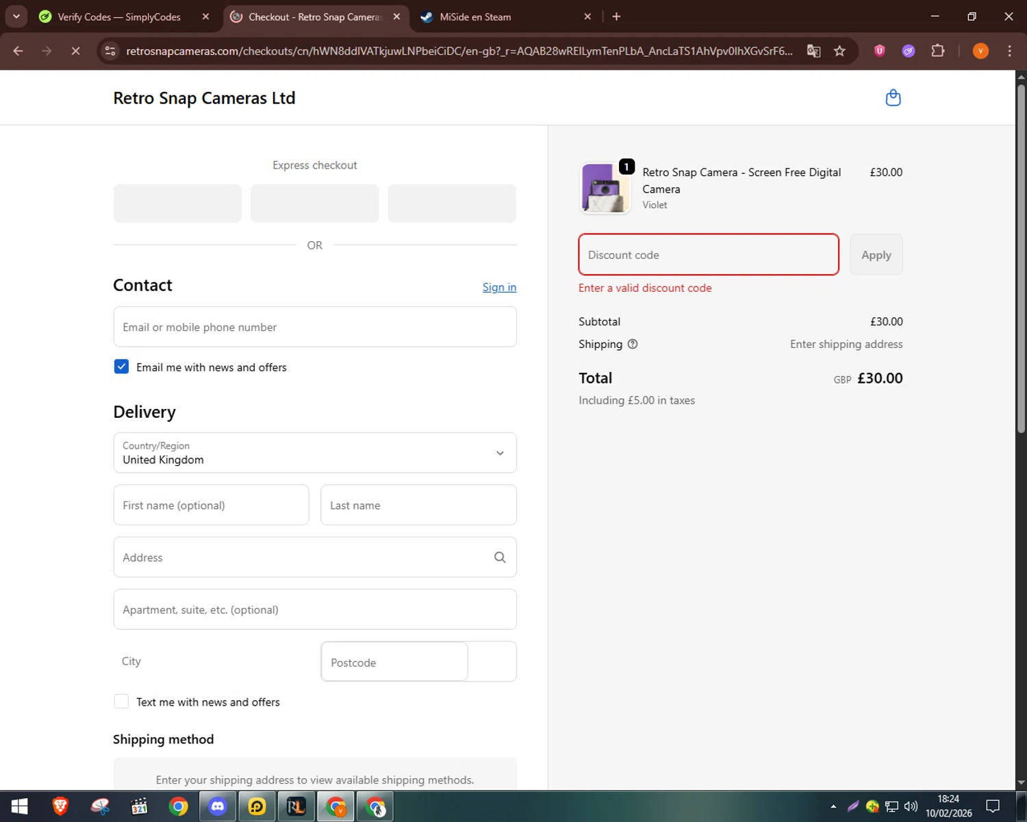 Retro Snap Cameras promo code screenshot showing code ELLIOTT46154 applied at Retro Snap Cameras checkout page. Uploaded by SimplyCodes community member bulbasaur69 on Feb 10, 2026