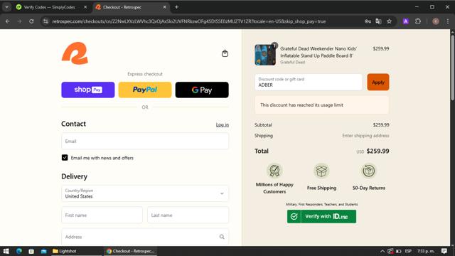 Retrospec checkout page showing Retrospec discount code box | Screenshot taken by SimplyCodes community member on Jul 2, 2025