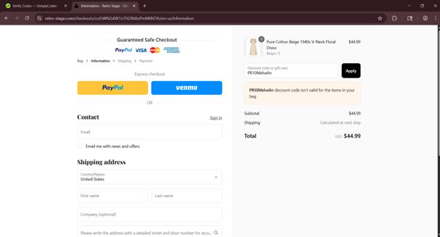 Retro Stage checkout page showing Retro Stage discount code box | Screenshot taken by SimplyCodes community member on Sep 12, 2025