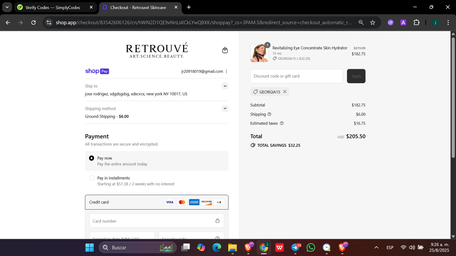 Retrouvé promo code screenshot showing code GEORGIA15 applied at Retrouvé checkout page. Uploaded by SimplyCodes community member hanzell03 on Aug 25, 2025