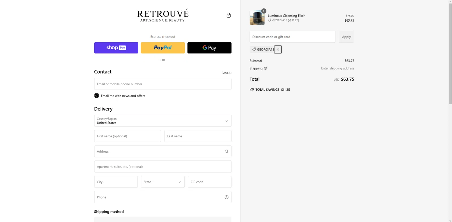 Retrouvé promo code screenshot showing code GEORGIA15 applied at Retrouvé checkout page. Uploaded by SimplyCodes community member JAKEELDOG on Feb 25, 2025