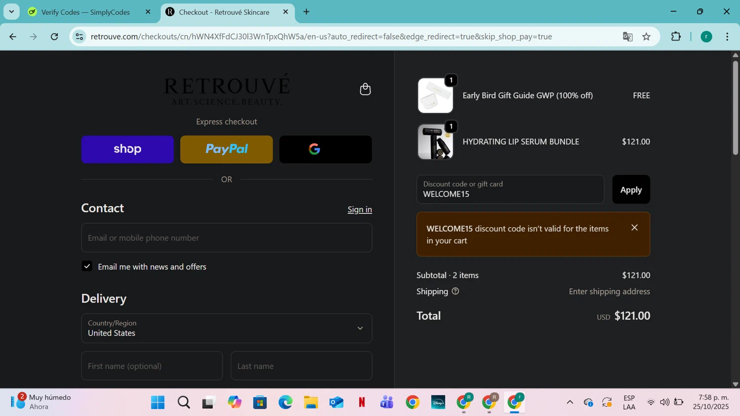 Retrouvé promo code screenshot showing code WELCOME15 applied at Retrouvé checkout page. Uploaded by SimplyCodes community member SavingsRanger5017 on Oct 26, 2025
