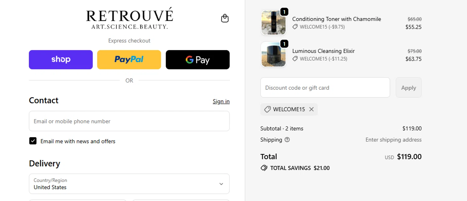 Retrouvé promo code screenshot showing code WELCOME15 applied at Retrouvé checkout page. Uploaded by SimplyCodes community member eithanmilas on Oct 15, 2025