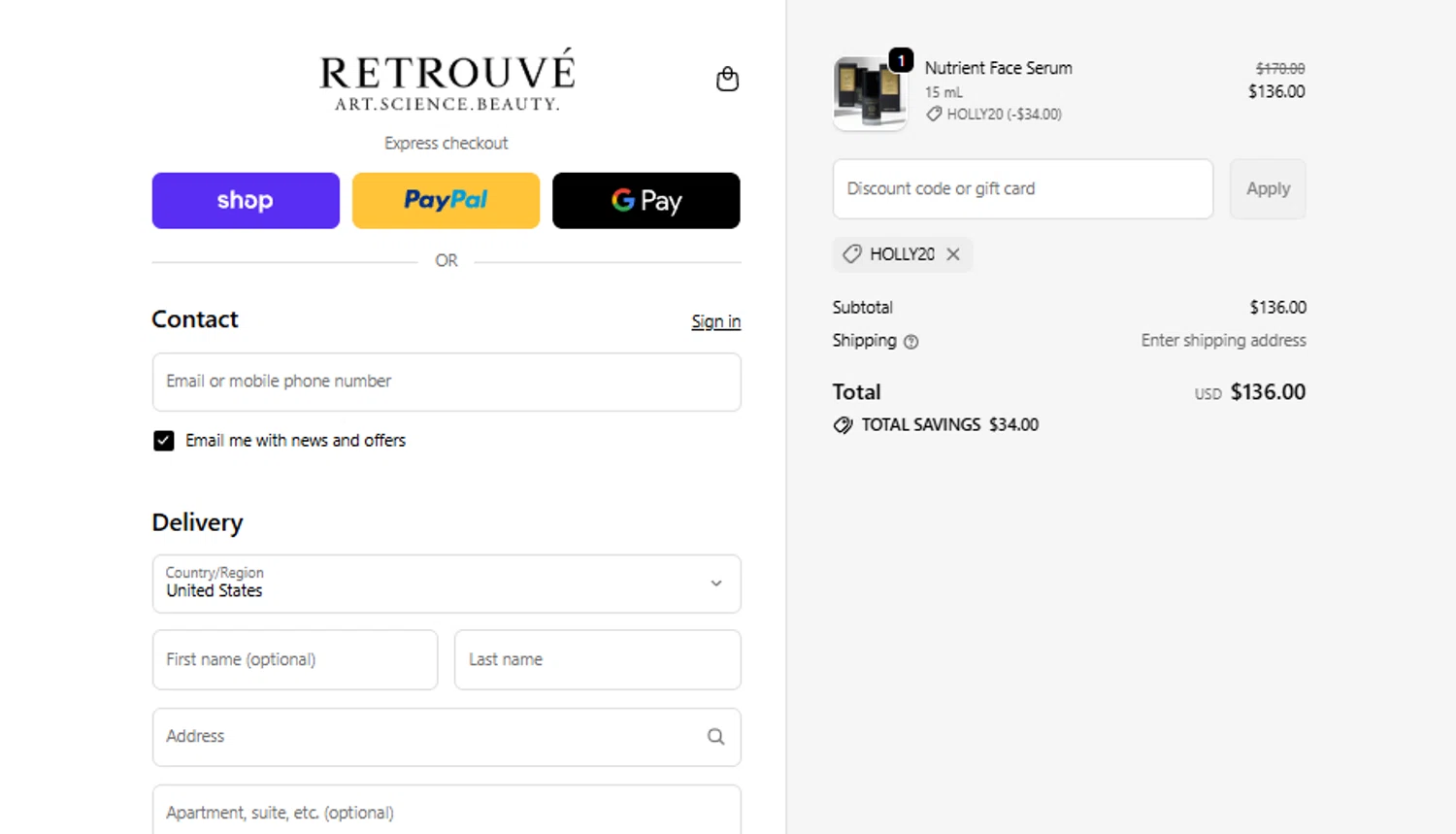 Retrouvé promo code screenshot showing code HOLLY20 applied at Retrouvé checkout page. Uploaded by SimplyCodes community member gabrielponce on Nov 19, 2025