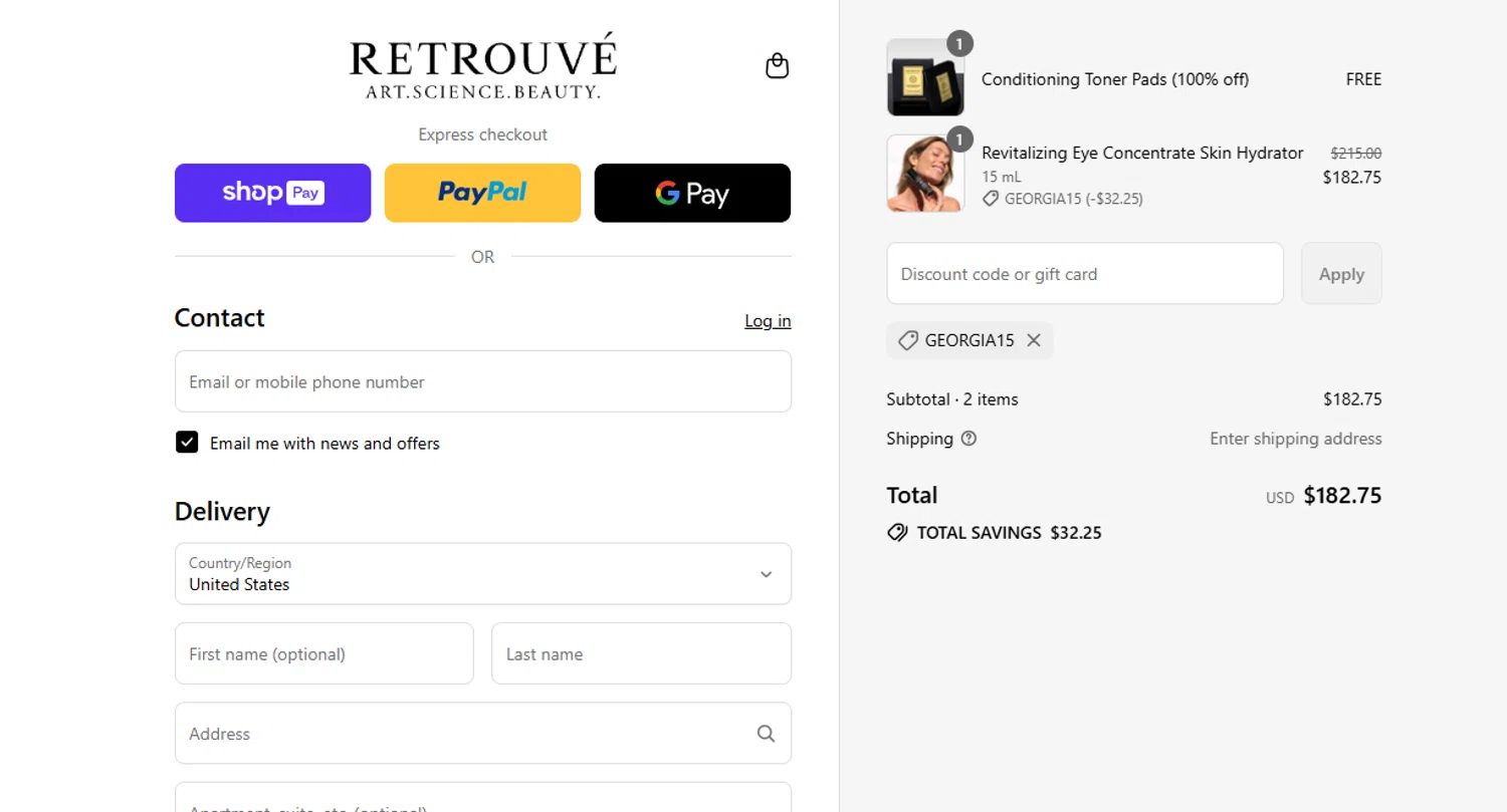 Retrouvé promo code screenshot showing code GEORGIA15 applied at Retrouvé checkout page. Uploaded by SimplyCodes community member reimalave10 on Jul 13, 2025