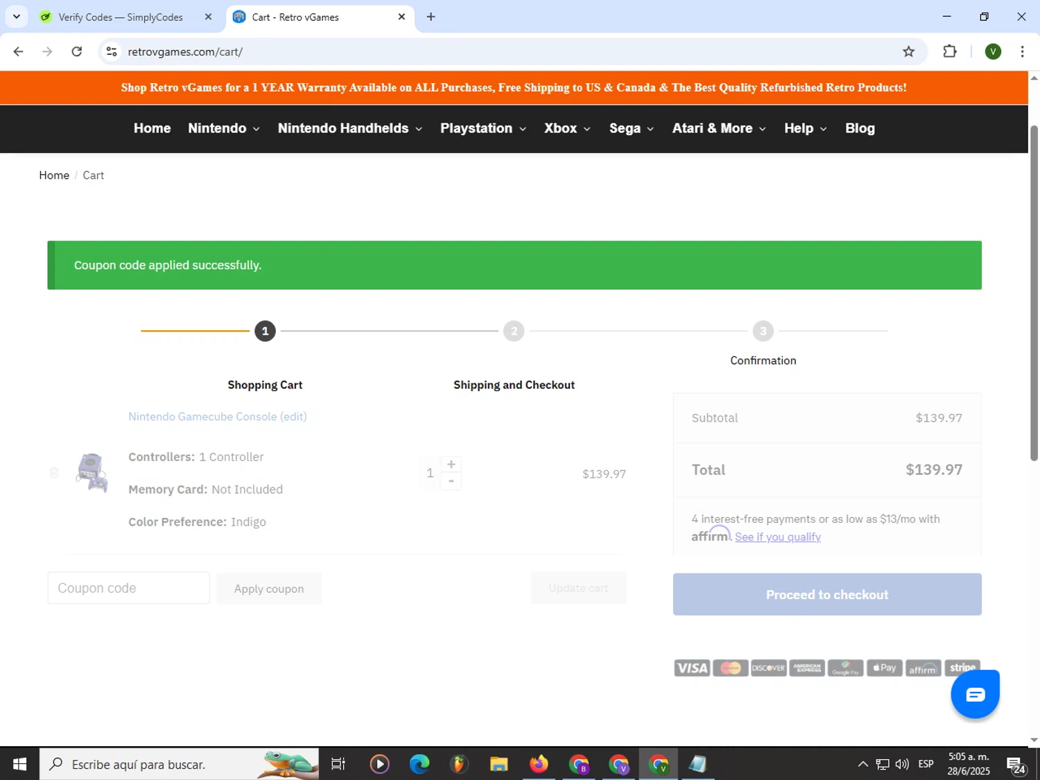 Retro vGames discount code screenshot showing code NEWUSER10 applied at Retro vGames checkout page. Uploaded by SimplyCodes community member PrimeWizard4168 on Jun 28, 2025