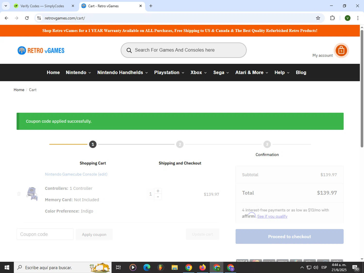 Retro vGames discount code screenshot showing code NEWUSER10 applied at Retro vGames checkout page. Uploaded by SimplyCodes community member PrimeWizard4168 on Jun 21, 2025