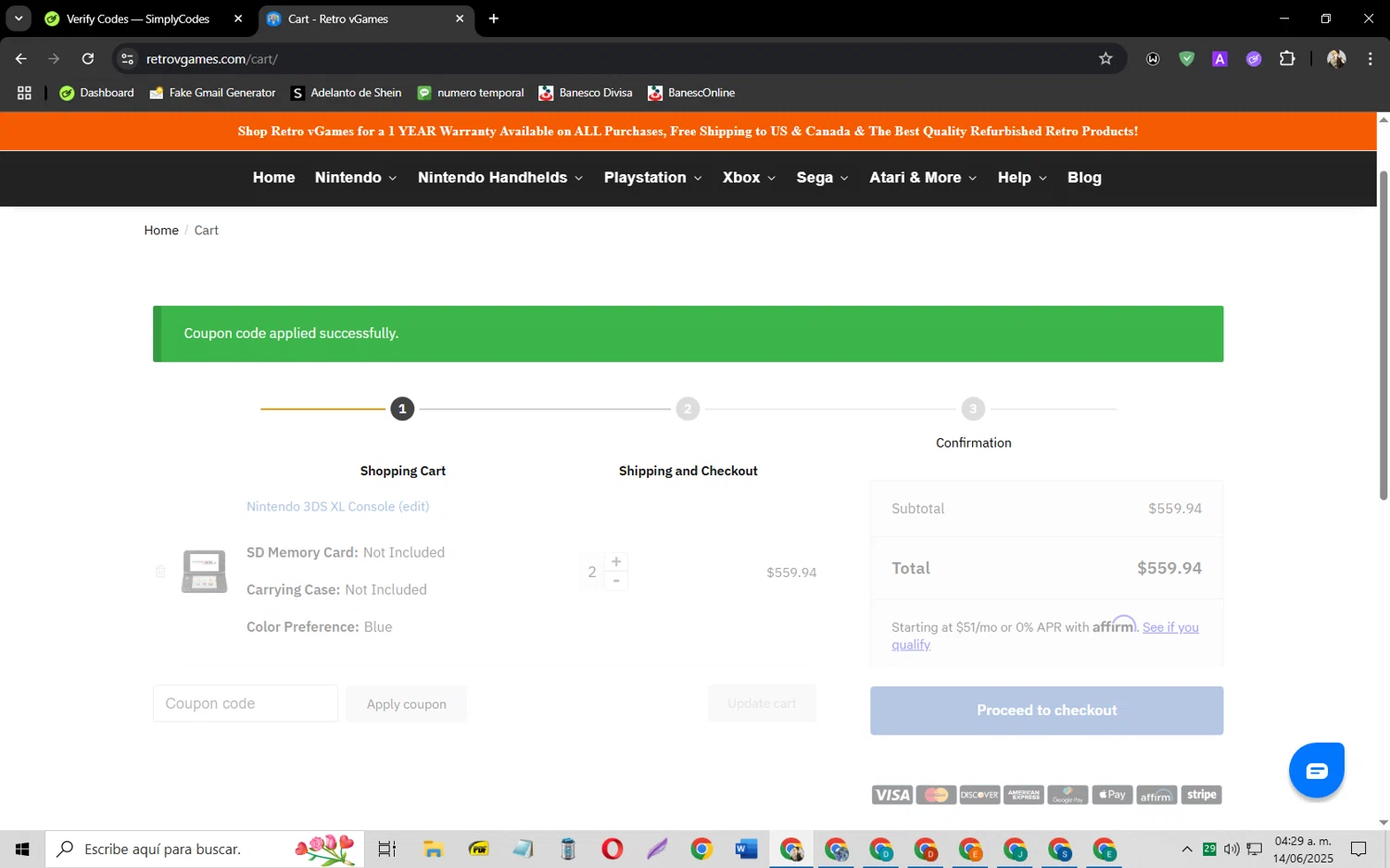 Retro vGames discount code screenshot showing code NEWUSER10 applied at Retro vGames checkout page. Uploaded by SimplyCodes community member jeysosmoore on Jun 14, 2025
