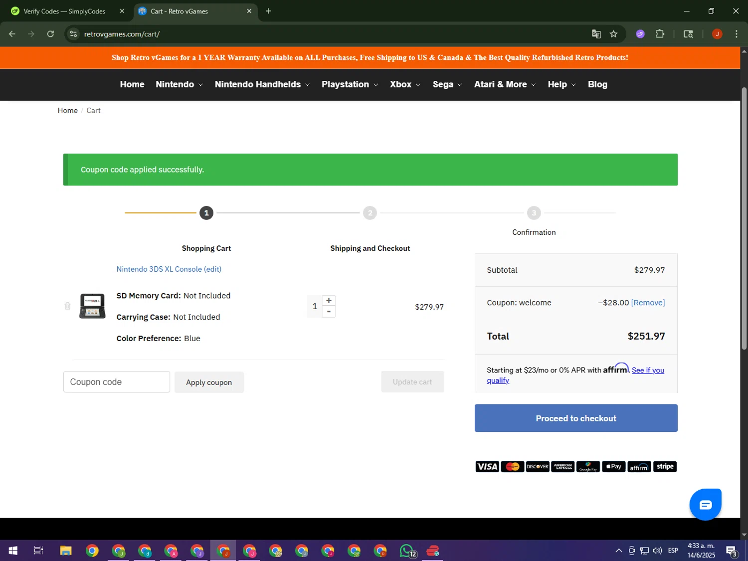 Retro vGames discount code screenshot showing code welcome applied at Retro vGames checkout page. Uploaded by SimplyCodes community member KimDokja on Jun 14, 2025