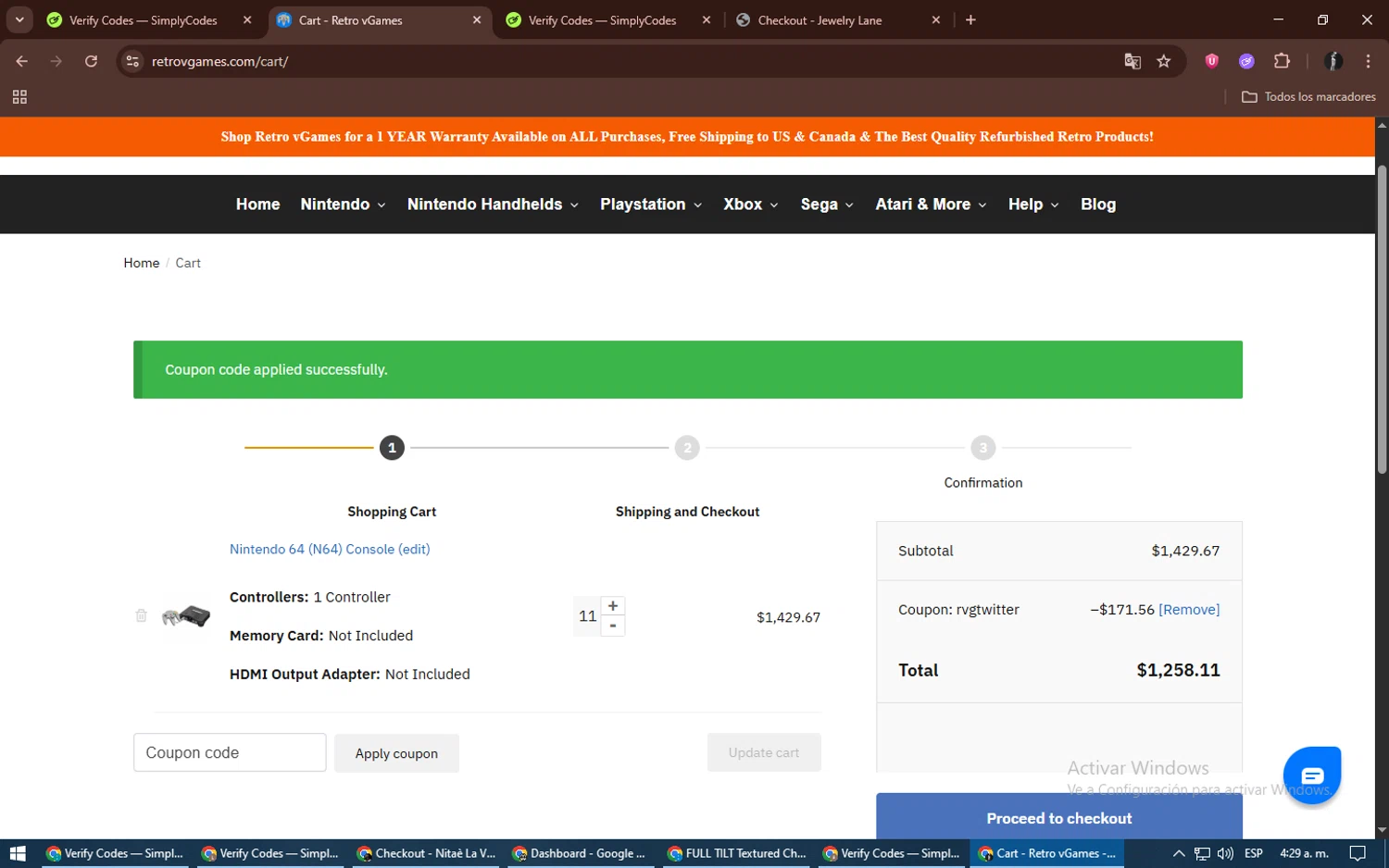 Retro vGames discount code screenshot showing code RVGTWITTER applied at Retro vGames checkout page. Uploaded by SimplyCodes community member alexdaal on Jun 14, 2025