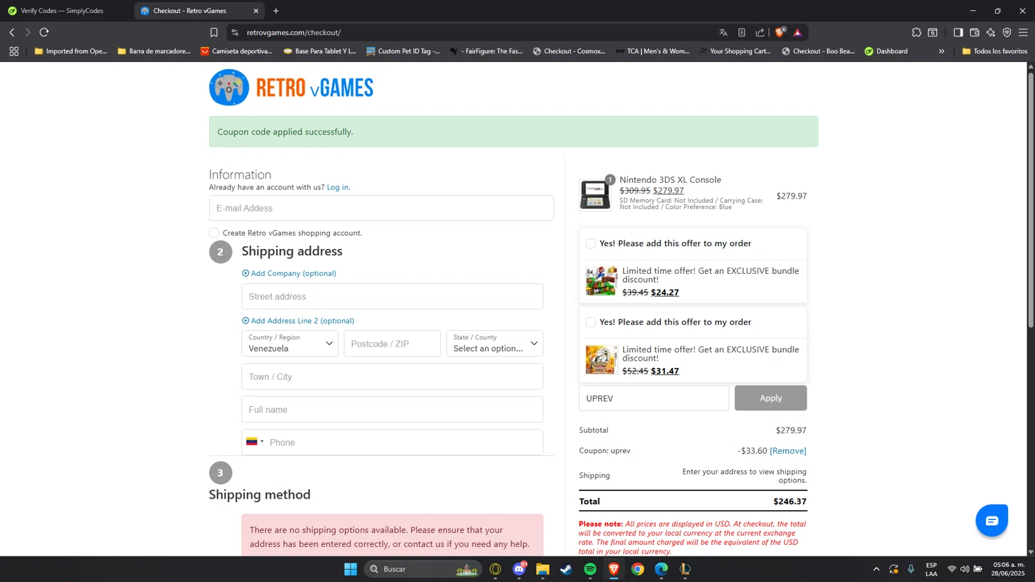 Retro vGames discount code screenshot showing code UPREV applied at Retro vGames checkout page. Uploaded by SimplyCodes community member Anzeer on Jun 28, 2025
