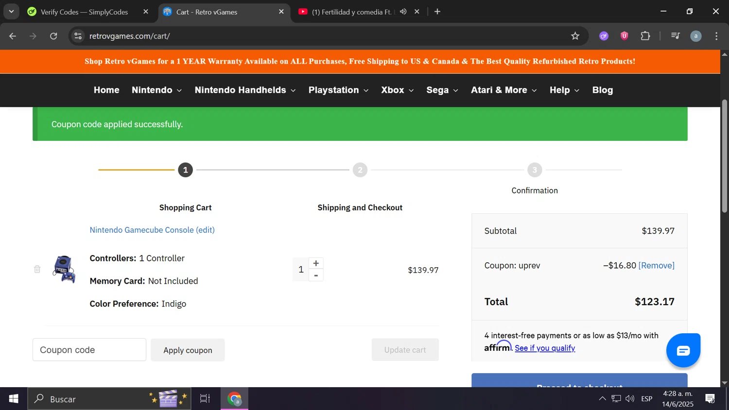 Retro vGames discount code screenshot showing code UPREV applied at Retro vGames checkout page. Uploaded by SimplyCodes community member Frizk_1 on Jun 14, 2025